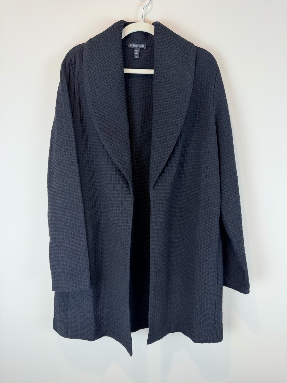 Eileen Fisher Waffle Textured Shawl-Collar Open Long Jacket- Black Size Medium